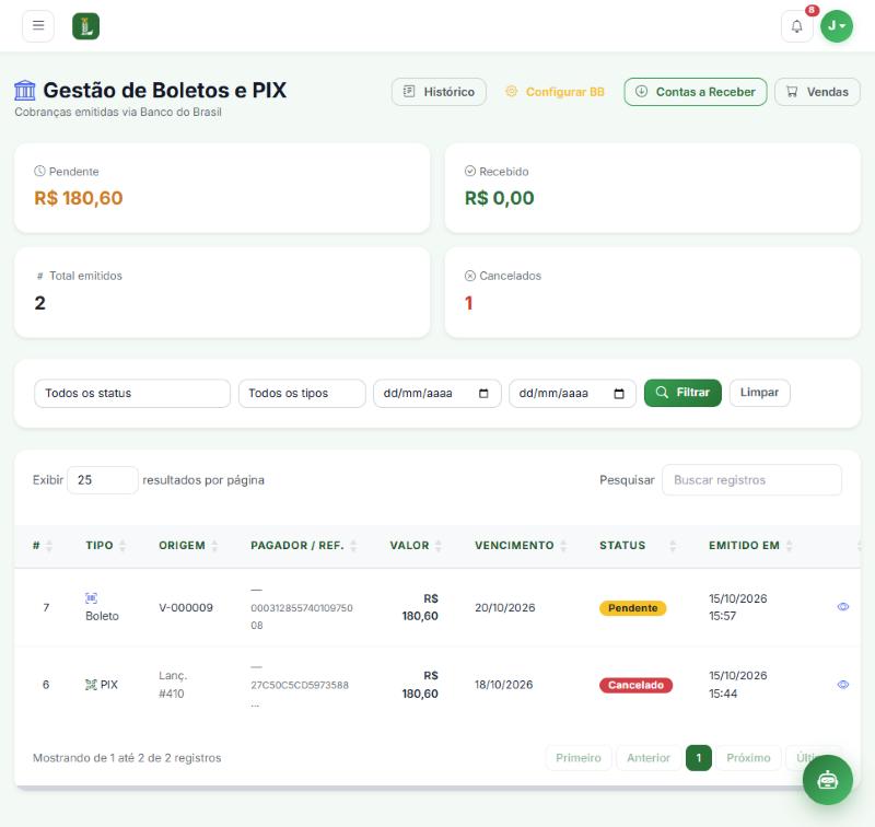 Tela do módulo Boletos e PIX (Banco do Brasil)