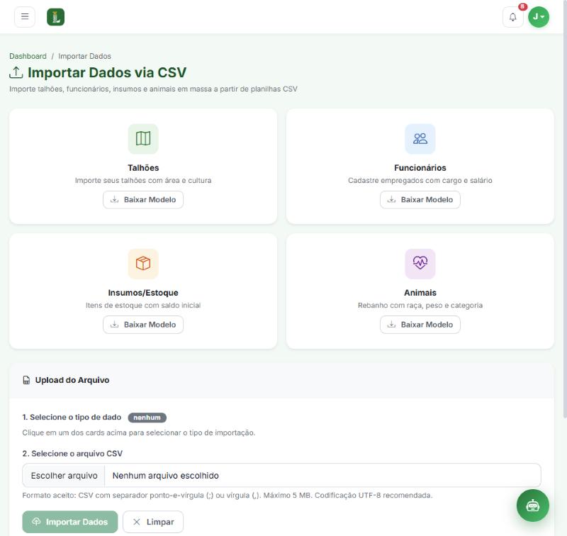 Tela do módulo Importação de Dados (CSV)